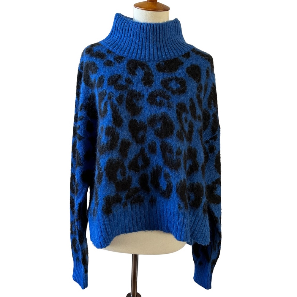 Sweaty Betty Blue and Black Leopard Turtleneck Sweater